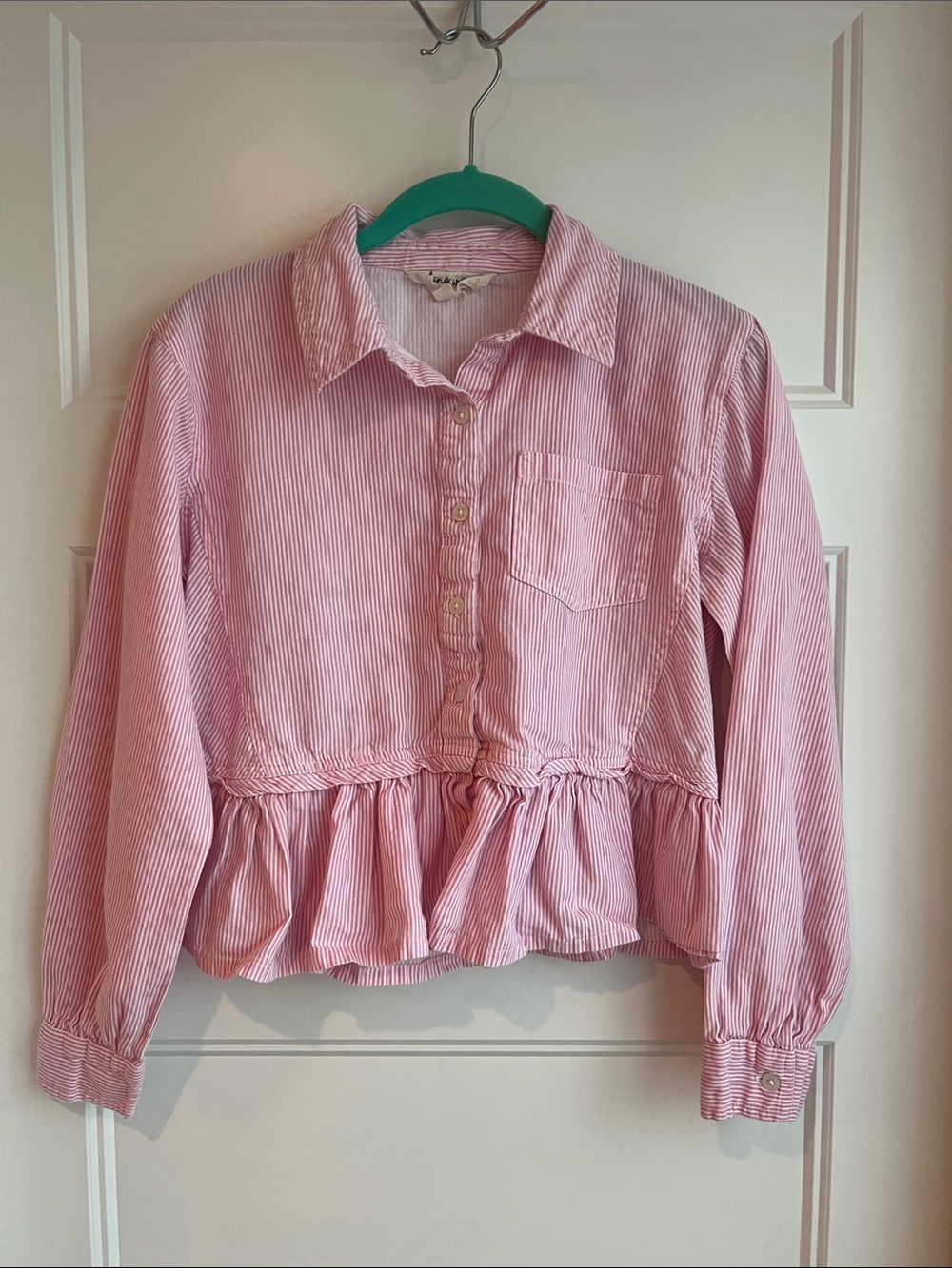 Girls Pink Striped Peplum Button-Front Blouse